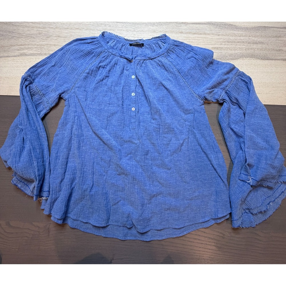 Love Sam Blouse Women Small Long-Sleeve Top‎ Blue Button Wide Sleeve